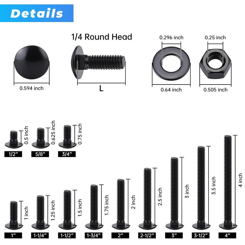 Glvaner 16 Sets 1/4-20 x 3-1/2" Black Carriage Bolts Screws and Hex Nuts & Flat Washers, 304 Stainless Steel 18-8, Round Head Square Neck, Full Thread Coverage - Image 4